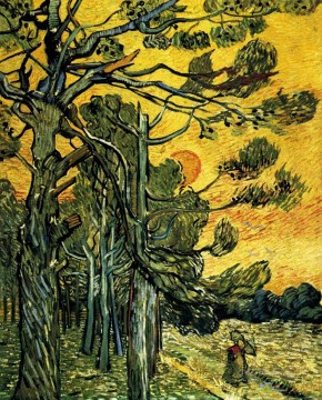 Pinos contra un cielo rojo con sol poniente Vincent van Gogh Pinturas al óleo